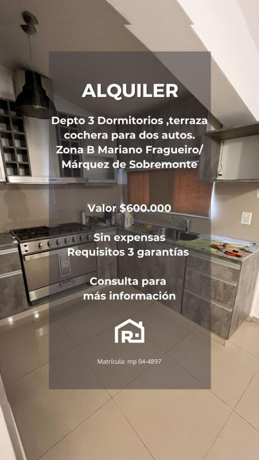 Alquilamos dpto de 3 dormitorios con cochera para dos autos sin expensas, servicios de agua,gas y luz zona B mariano fragueiro torre 96 viviendas