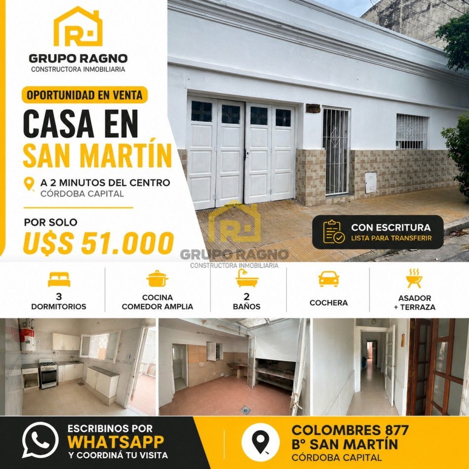vendo casa de dos dormitorios con cochera  y terraza en san martin con escritura calle colombres y federico bransen 
